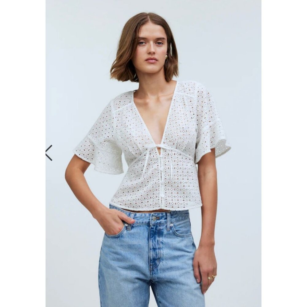 Madewell White Eyelet Tie-Front Blouse